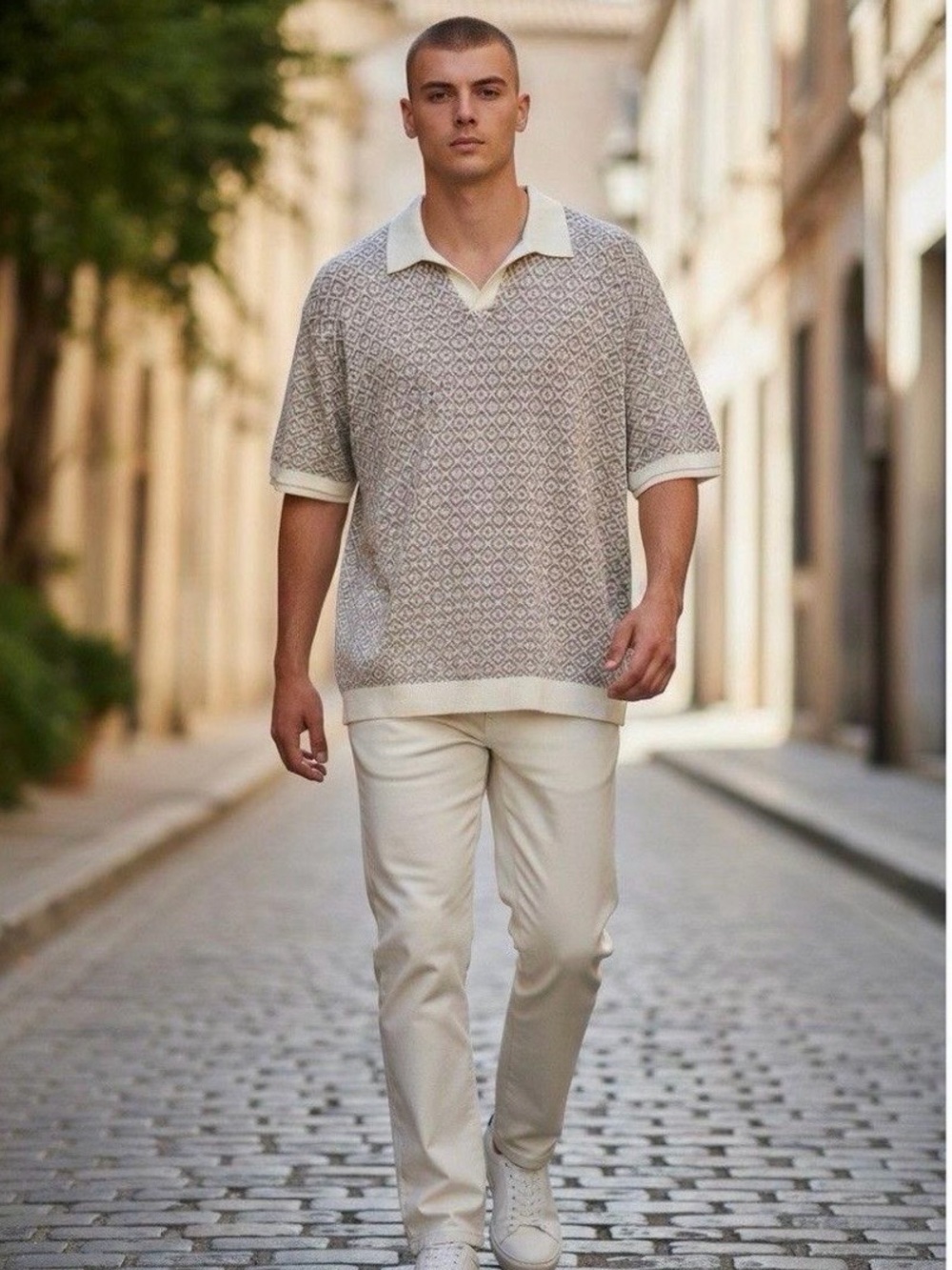 Hollister Tan Textured Knit Polo with Contrast Trim